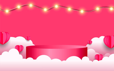 Horizontal banner with pink sky and paper cut clouds. Happy Valentine's Day sale header.