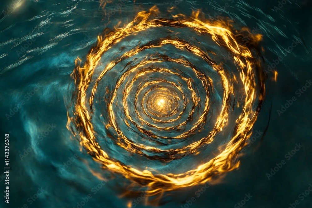 Poster magical flames swirling in a circular pattern, glowing with an ethereal blue and green light