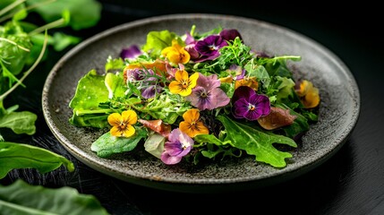 Vibrant salad with edible flowers gourmet restaurant food photography elegant setting close-up culinary art