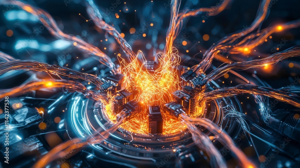 Poster Dynamic energy surge glowing cables in a tech lab digital art futuristic environment abstract concept