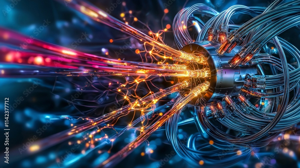 Poster dynamic glowing fiber cables futuristic lab digital art high-tech environment close-up energy and co