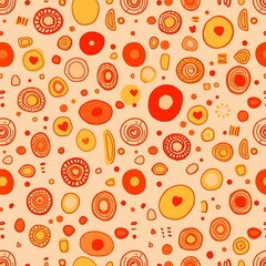 Happy Hearts Pattern: A cheerful, vibrant seamless pattern featuring playful hand-drawn hearts and abstract shapes in warm orange and yellow hues. Perfect for textile design, scrapbooking, and more. 