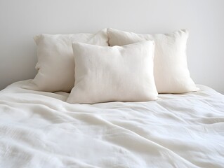 Obraz premium White pillows on a bed with linen bedsheet 