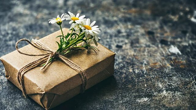 Gift wrapped in brown paper with delicate flowers resting on top in a rustic setting