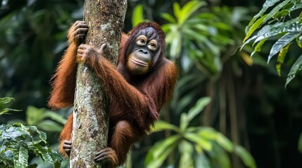 Fototapeta premium Orangutan climbing tall tree in lush jungle wildlife photography vibrant environment captivating perspective