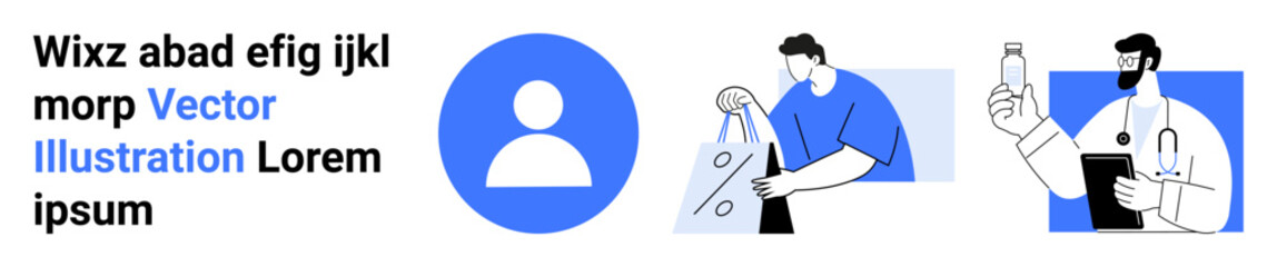 Healthcare worker analyzing test tubes, doctor holding a medicine bottle, generic profile icon. Ideal for medical research, healthcare marketing, websites, educational materials, lab services, health