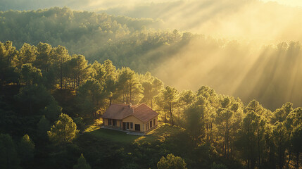 small cottage nestled on hilltop, surrounded by pine trees and sunlight