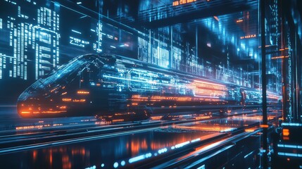 Obraz premium A futuristic high-speed train surrounded by holographic data projections, symbolizing advanced engineering and AI integration