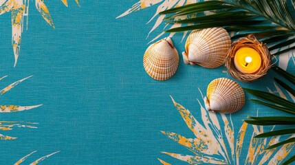 Coastal Decor Featuring Shells and Candle on Vibrant Fabric Background Surrounded by Leafy Elements, Perfect for Summer Themes and Beach Inspirations