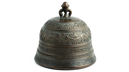 Temple Bell with Intricate Carvings Isolated on White Background