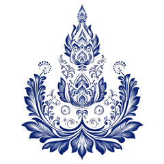 Fototapeta premium Intricate blue floral design featuring ornate leaves and petals, showcasing elegance and artistry. This decorative pattern is perfect for textiles or wallpapers