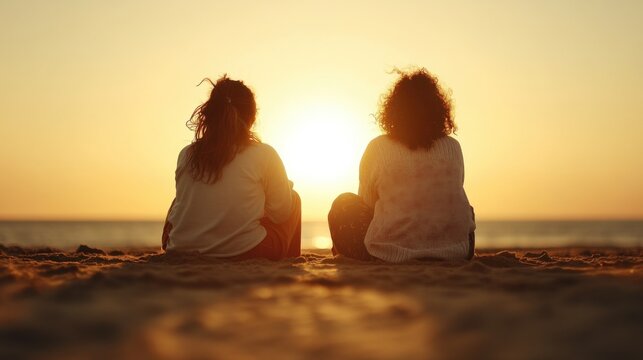 Two friends enjoying a sunset together on the beach - Powered by Adobe
