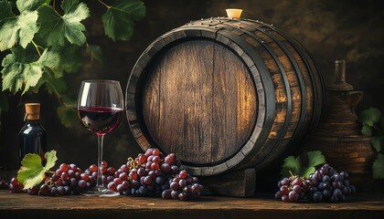 An old oak wine barrel in a dark, rustic room, surrounded by ripe grapes and a glass of red wine, soft lighting highlighting the vintage atmosphere