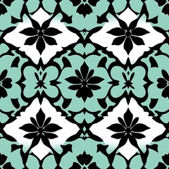 Elegant Floral Tile Pattern: A seamless, repeating design featuring stylized white flowers on a teal background with black outlines. The pattern creates a mesmerizing and intricate effect.