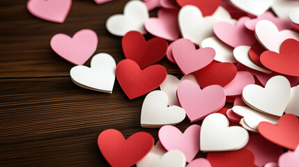 Fototapeta premium Vibrant red, pink, and white paper hearts scattered on a table in various sizes, creating a romantic and colorful background perfect for Valentine's Day or other love-themed projects.
