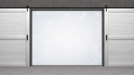 falling snowflakes with open door - 3D rendering 4K