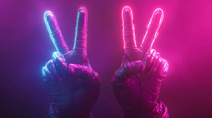 Obraz premium Neon Glow 3D Render of Hands in Peace Sign