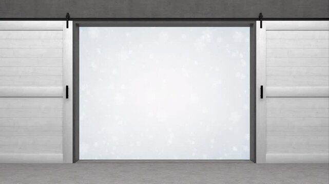 falling snowflakes with open door - 3D rendering 4K