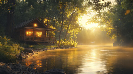Fototapeta premium serene cabin with porch overlooking tranquil river at sunset