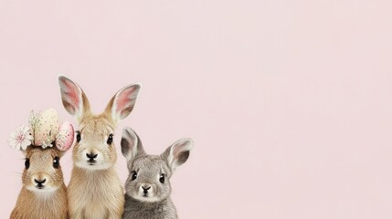 Naklejka premium Three adorable rabbits with flowers on a soft pink background