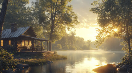 Fototapeta premium serene cabin with porch overlooking tranquil river at sunrise