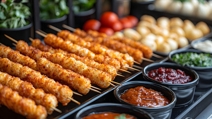 Artistic Display of Mozzarella Sticks with Gourmet Dipping Sauces for an Impressive Food Presentation