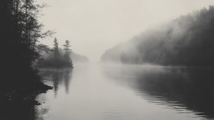 Fototapeta premium Serene mist shrouds a tranquil river, where trees stand sentinel in grayscale. A peaceful, dreamy landscape.