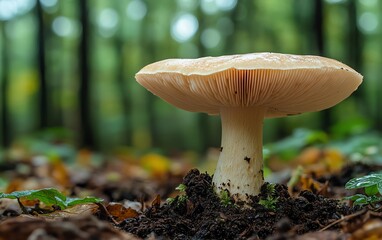 Fototapeta premium A beautiful closeup of a common bonnet mushroom, its features in focus against a soft, bokehfilled forest backdrop, creating a tranquil, natural aesthetic
