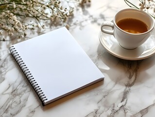 A spiral bound white notebook on a white and grey marble table with a cup of tea next to it and decorated with dried flowers