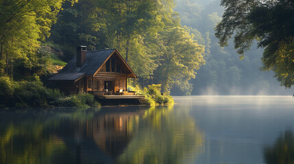 Fototapeta premium rustic wooden house by serene riverbank surrounded by lush trees