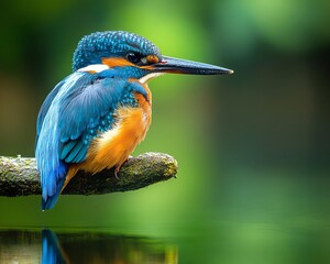 A closeup of a kingfisher resting on a tree branch over a serene pond, its vivid plumage reflected in the still water, capturing the beauty of nature