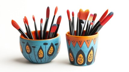 Fototapeta premium Colorful Art Brushes in Hand-Painted Decorative Bowls