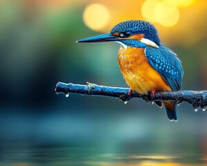 Naklejka premium A colorful kingfisher resting on a branch above crystalclear water, surrounded by natural beauty, capturing the essence of wildlife in a peaceful setting