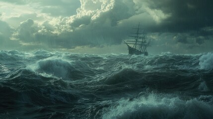 3. A stormy ocean with crashing waves, dark clouds, and a lone ship on the horizon, evoking tension and drama