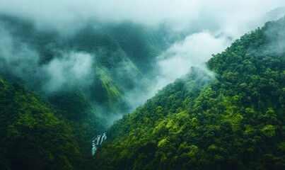 Lush green landscape in Cherrapunji, India with cascading waterfalls and misty clouds , India, Cherrapunjee, Northeast India