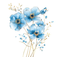 Elegant blue flowers with delicate petals and golden accents, showcasing beautiful floral arrangement. Perfect for adding touch of sophistication to any design