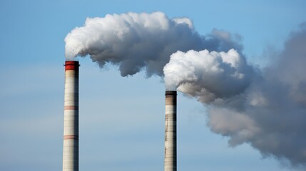 Industrial Smoke Stacks Releasing Emissions Against Clear Sky