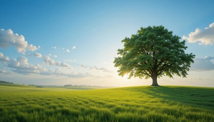Obraz premium Serene Green Meadow Lone Tree Sunset Landscape