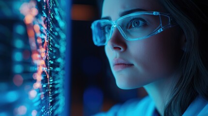 Focused Female Scientist Analyzing Data with High-Tech Glasses