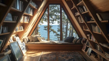 Obraz premium Cozy A-frame cabin reading nook with ocean view. (1)