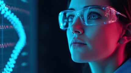 Woman with Glasses Analyzing Data with Neon Light Effects