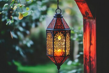 Ornate Hanging Lantern Illuminates A Garden Setting