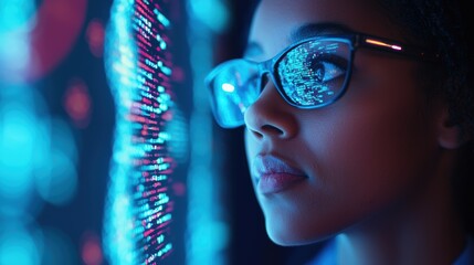 Young Woman with Glasses Analyzing Data on a Digital Screen