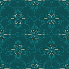 Teal and Beige Damask Seamless Pattern 