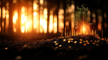 Fototapeta premium Tree growing from soil with coins and graph, symbolizing growth and prosperity