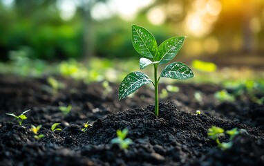 Fototapeta premium A small plant growing on Earth s surface, with green energy symbols like solar panels and wind turbines, contrasting with fuel symbols to signify the need for change