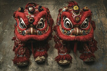 Fototapeta premium Two Traditional Chinese Lion Dance Costumes Resting