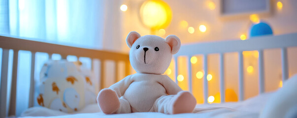 A cute teddy bear sits peacefully in a cozy nursery, surrounded by soft lighting and a tranquil atmosphere.