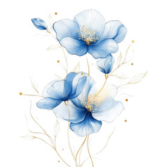 Beautiful blue flowers with delicate petals and golden accents on transparency background, creating elegant and serene composition