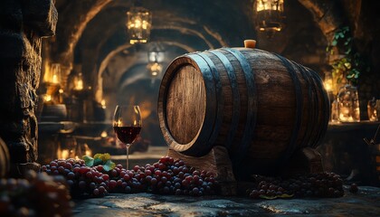 A timeworn oak wine barrel in a dark cellar, surrounded by fresh grapes and a glass of wine, with rich textures and atmospheric lighting, evoking vintage charm